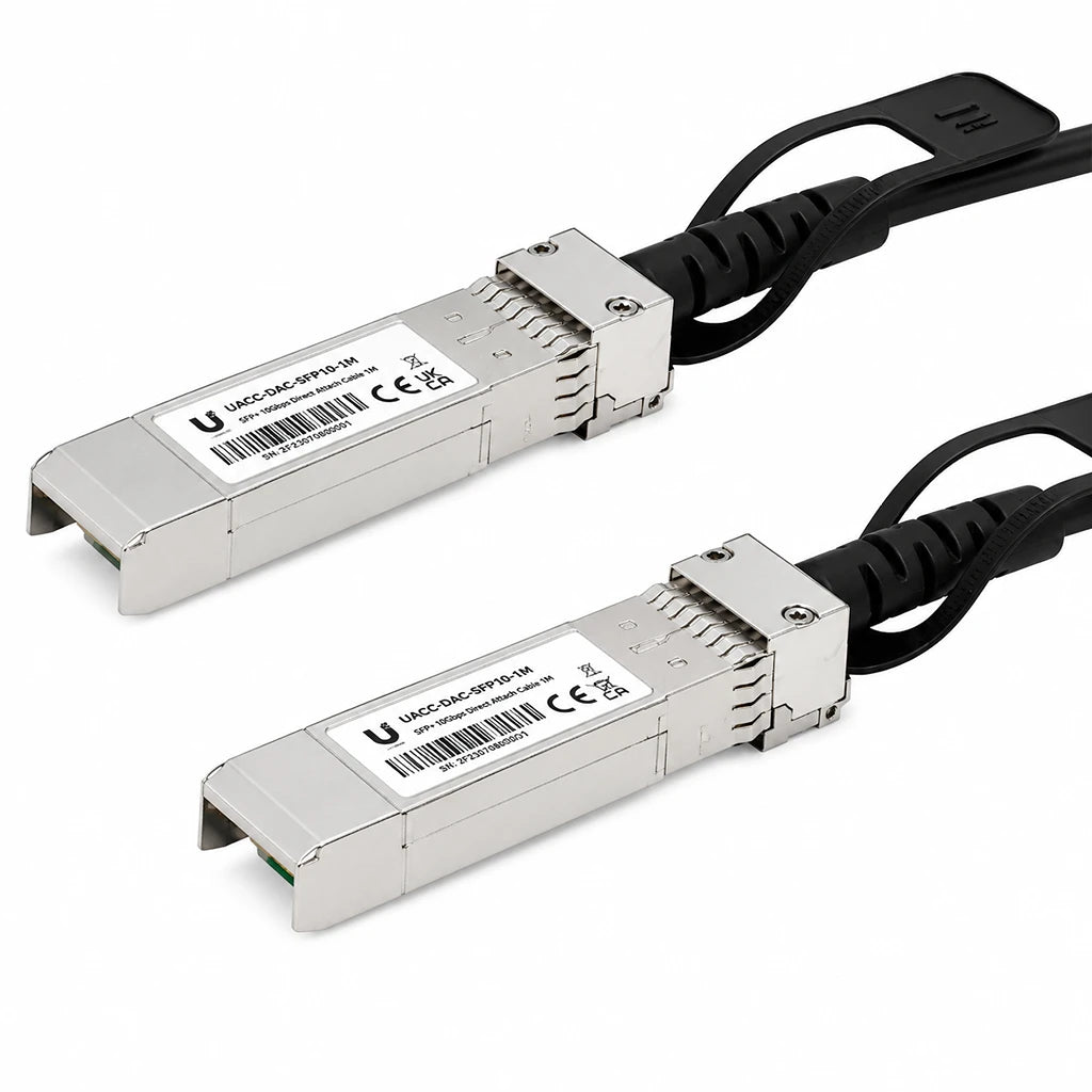 Close-up of Ubiquiti UniFi UACC-DAC-SFP10-1M 10G SFP+ Direct Attach Copper Cable connectors with integrated pull tabs -tpstech.in