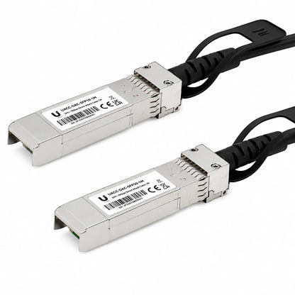 Close-up of Ubiquiti UniFi UACC-DAC-SFP10-1M 10G SFP+ Direct Attach Copper Cable connectors with integrated pull tabs -tpstech.in