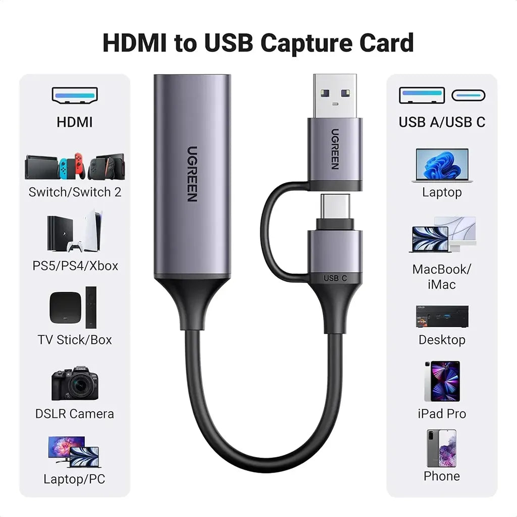 UGREEN Full HD 1080p Video Capture Card 25854 HDMI to USB-A and USB-C Compatibility tpstech.in