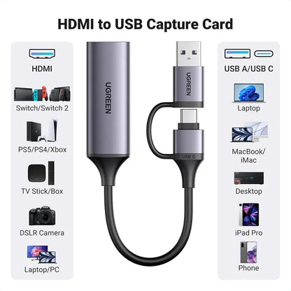 UGREEN Full HD 1080p Video Capture Card 25854 HDMI to USB-A and USB-C Compatibility tpstech.in