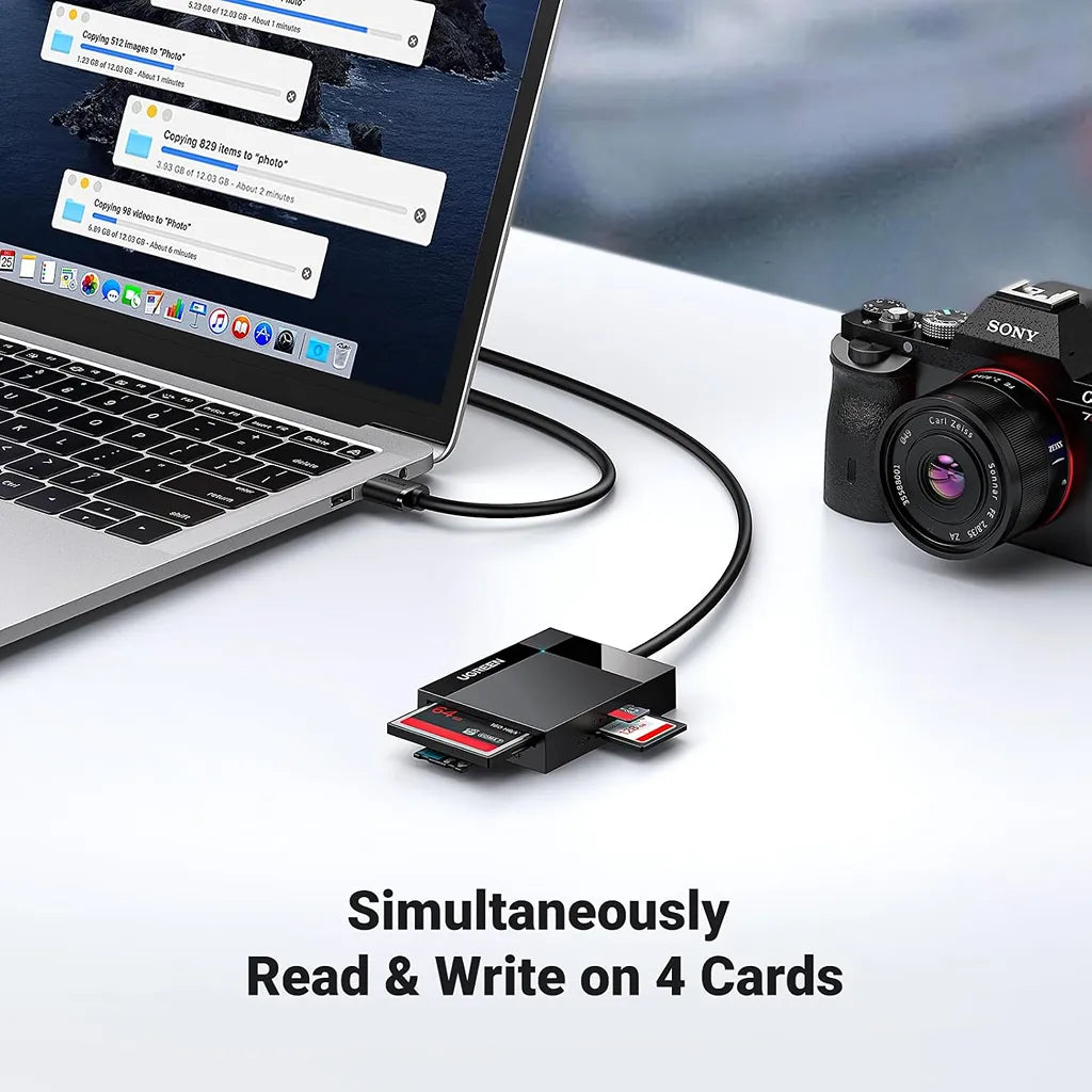 UGREEN 30333 4-in-1 Card Reader Simultaneously Reading and Writing 4 Cards on Laptop tpstech.in