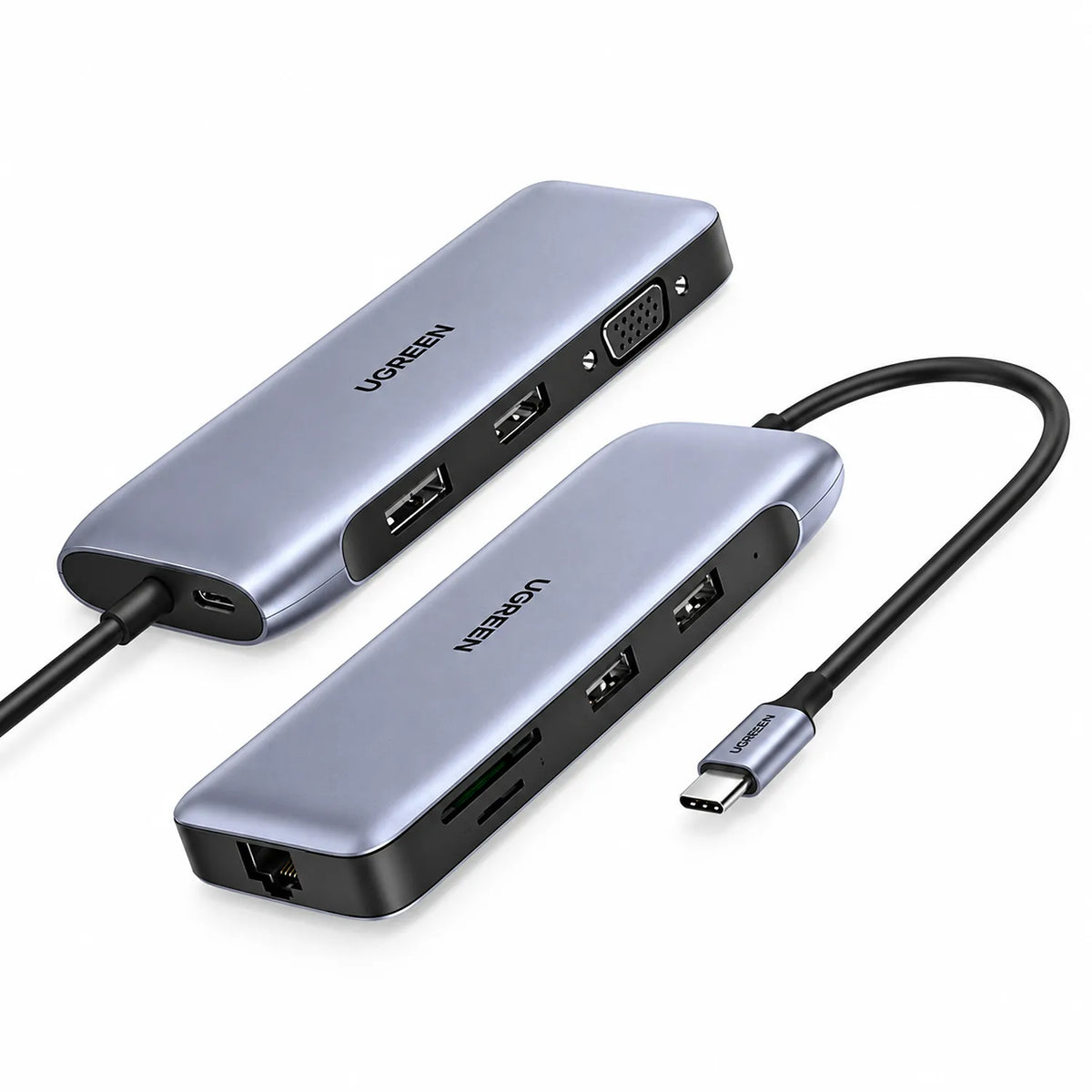 Dual Side Angles of UGREEN 70301 9-in-1 USB-C Hub Multiport Adapter in Sleek Silver Finish -tpstech.in