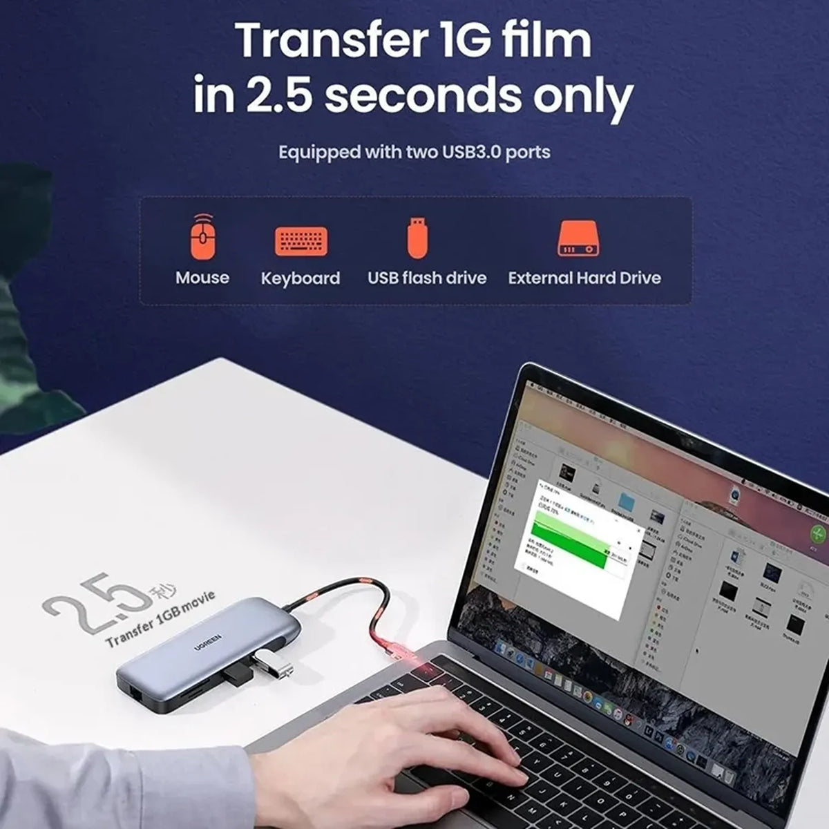 High-Speed Data Transfer Demonstration with UGREEN 70301 9-in-1 USB-C Hub Connected to Laptop and Peripherals -tpstech.in