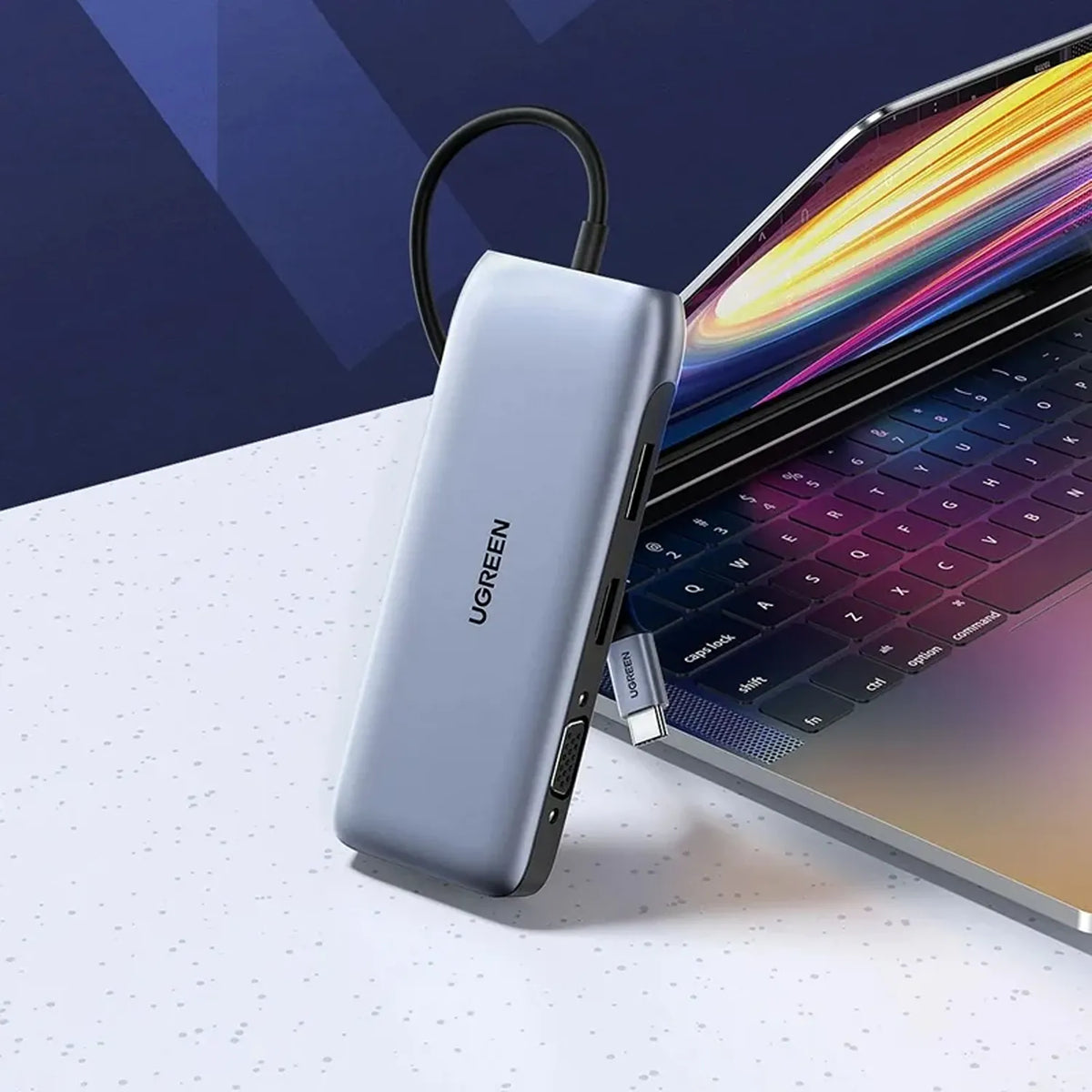 UGREEN 70301 9-in-1 USB-C Hub with Dual 4K Display and 100W PD Placed Beside Laptop -tpstech.in
