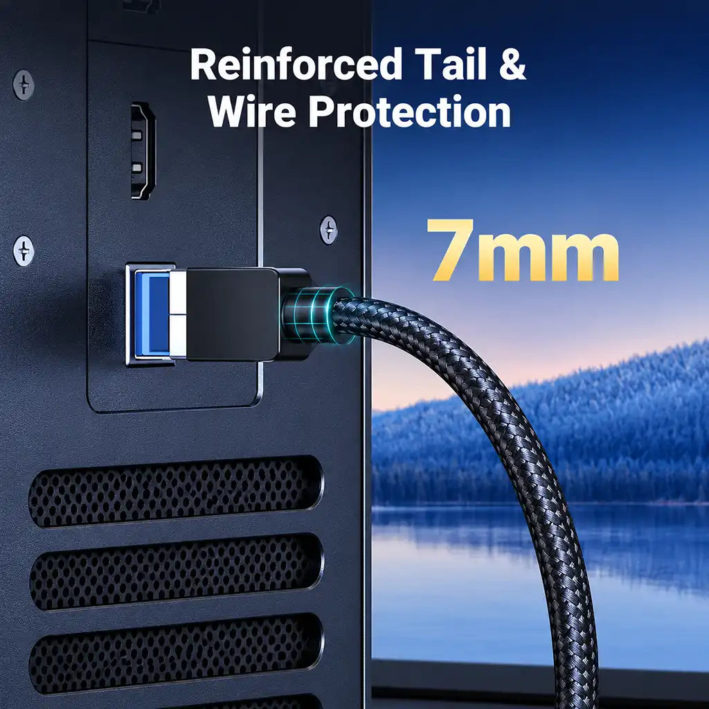 UGREEN 80431 Cat 8 Ethernet Cable plugged into PC port featuring 7mm reinforced strain relief protection -tpstech.in