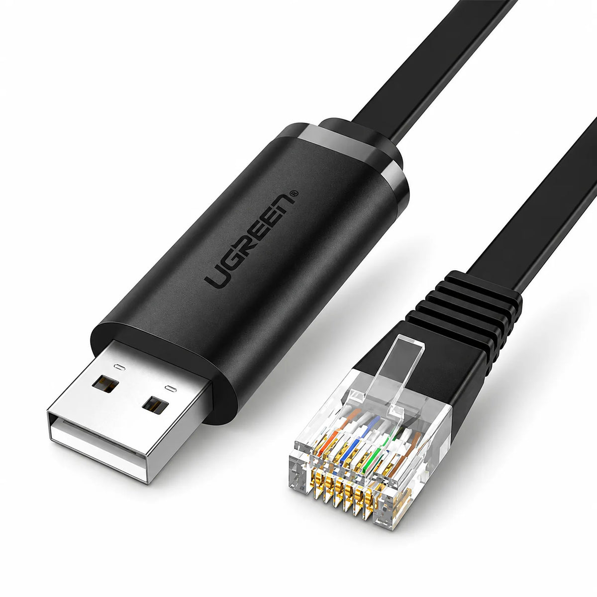 UGREEN CM204 USB to RJ45 Console Cable USB-A and 8P8C Connectors Close Up -tpstech.in