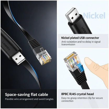 UGREEN CM204 USB to RJ45 Console Cable Space Saving Flat Wire and Nickel Plated USB -tpstech.in