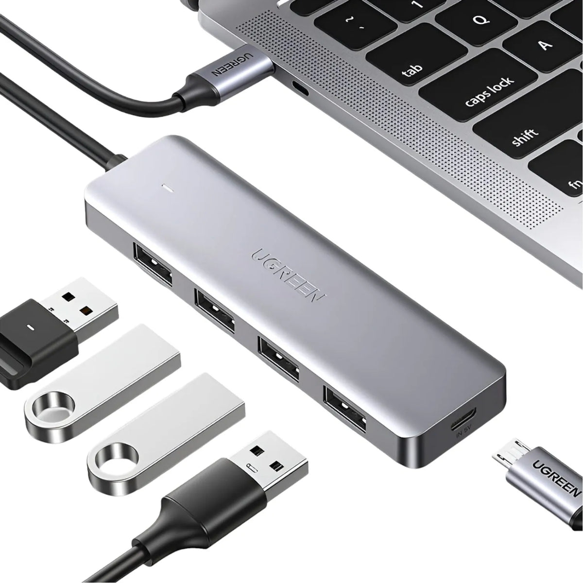 UGREEN CM219 4-in-1 USB-C Hub with 5Gbps Data Transfer Connected to Laptop with Flash Drives tpstech.in