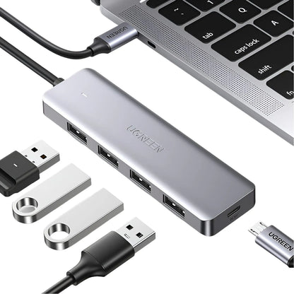 UGREEN CM219 4-in-1 USB-C Hub with 5Gbps Data Transfer Connected to Laptop with Flash Drives tpstech.in