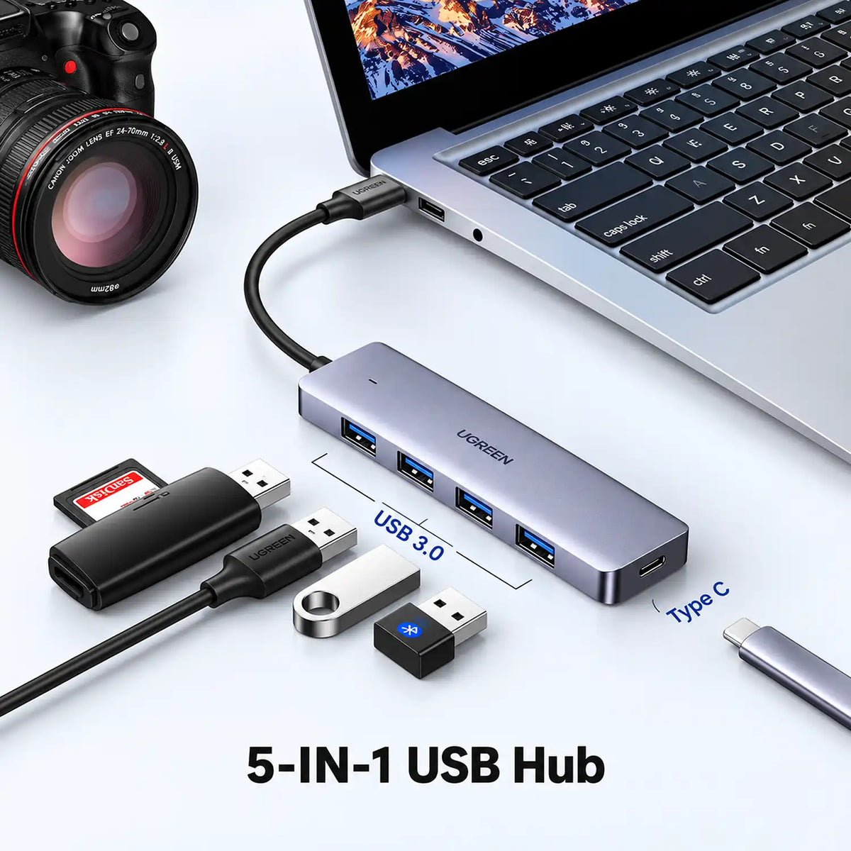 UGREEN CM219 50985 4-Port USB 3.0 Hub with 5Gbps Data Transfer Connected to Laptop with Multiple USB Peripherals tpstech.in