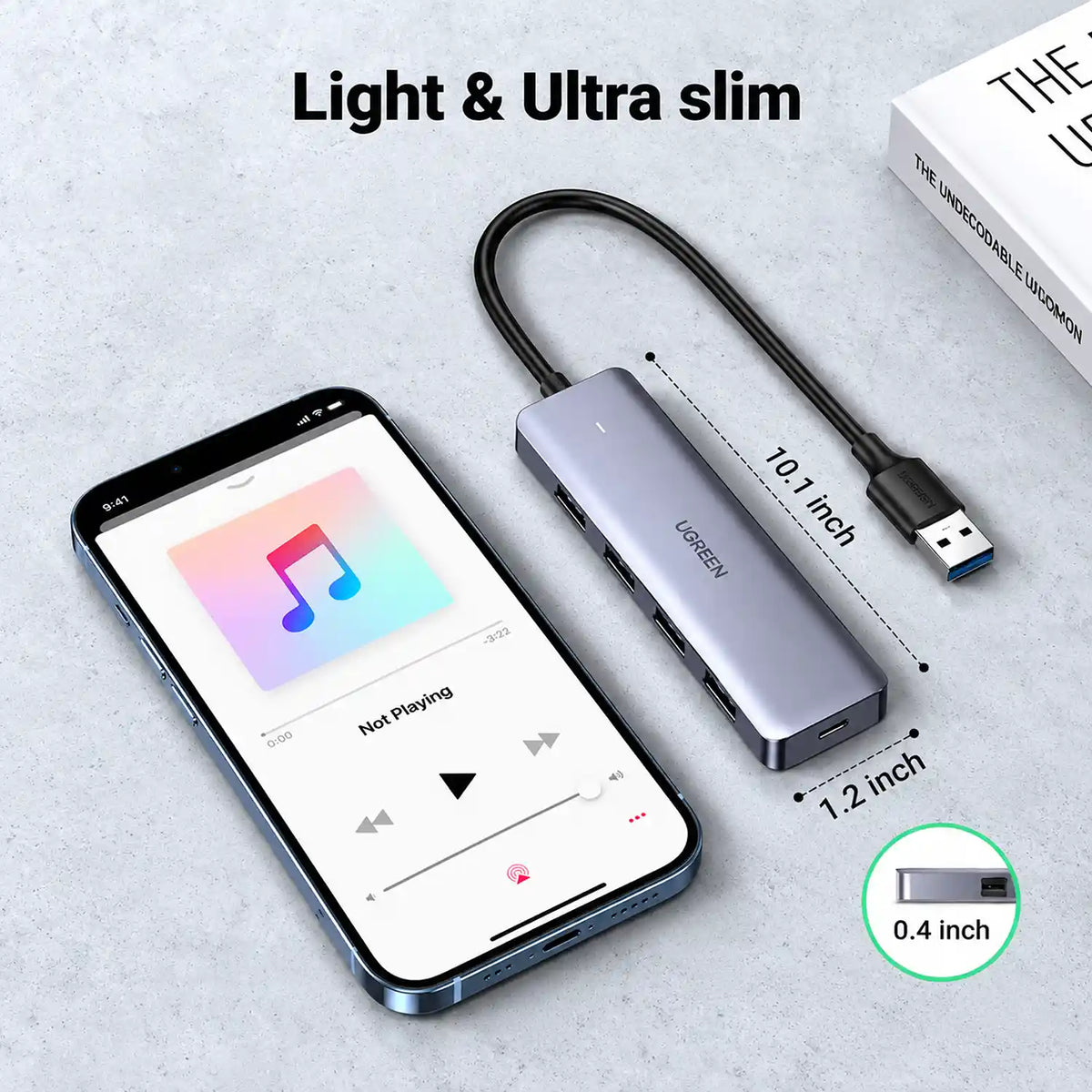 UGREEN CM219 50985 4-Port USB 3.0 Hub with 5Gbps Data Transfer Compact and Slim Dimensions Beside Smartphone tpstech.in