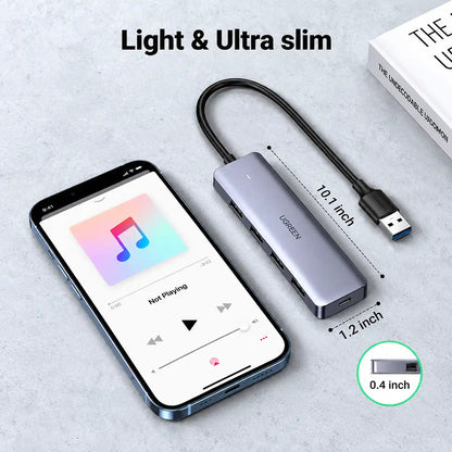 UGREEN CM219 50985 4-Port USB 3.0 Hub with 5Gbps Data Transfer Compact and Slim Dimensions Beside Smartphone tpstech.in