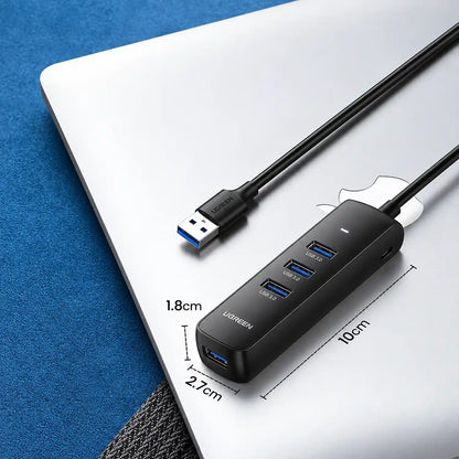 UGREEN CM416 80657 USB 3.0 4-Port Hub 5Gbps High-Speed Data Compact Dimensions Diagram on Laptop tpstech.in