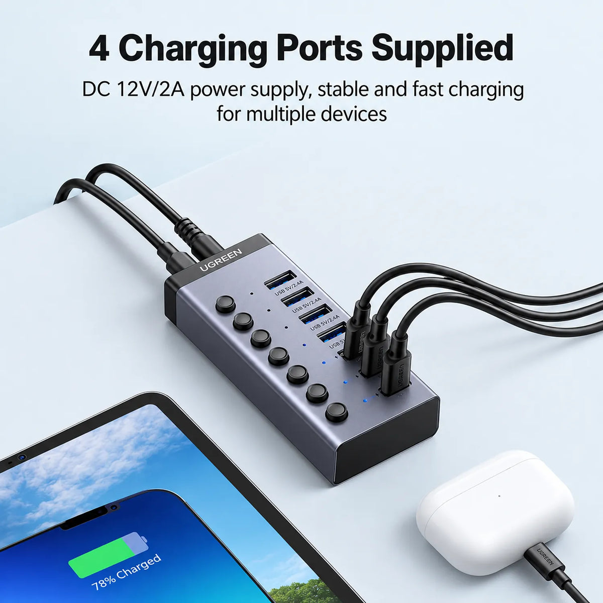 UGREEN CM481 90307 7-Port USB 3.0 Hub with USB-C Input 12V Powered Fast Charging for Multiple Devices tpstech.in