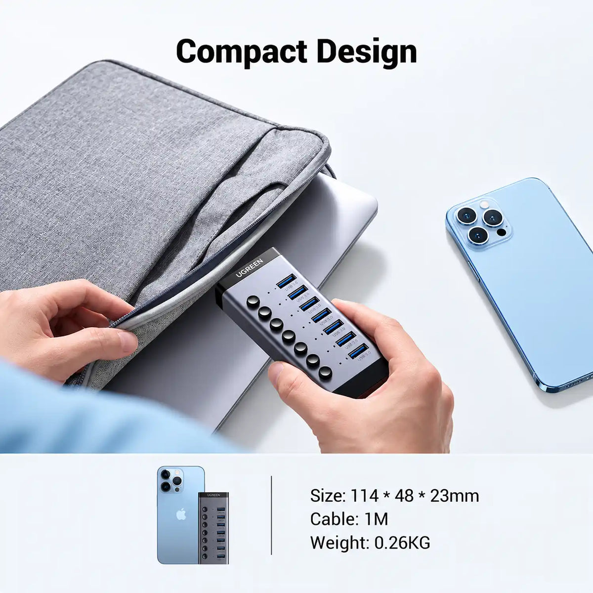 UGREEN CM481 90307 7-Port USB 3.0 Hub with USB-C Input Compact Portable Size and Dimensions Beside Smartphone tpstech.in
