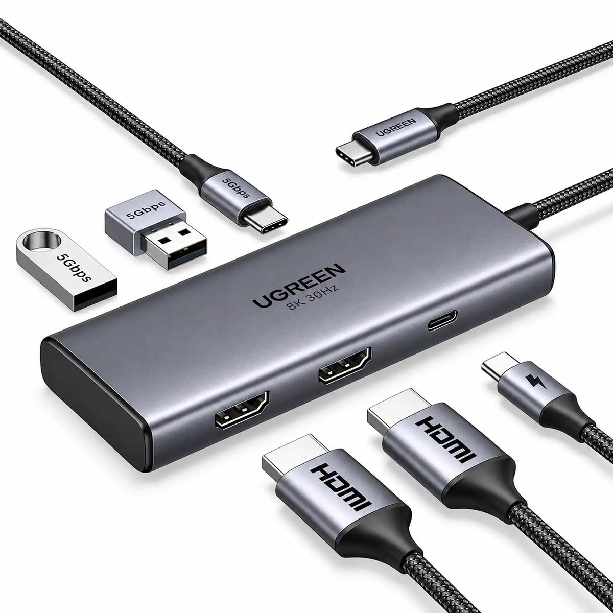 UGREEN CM498 Revodok 206 6-in-1 USB-C Hub Displayed with Dual HDMI Cables, Type-C Cables, and USB Flash Drives -tpstech.in