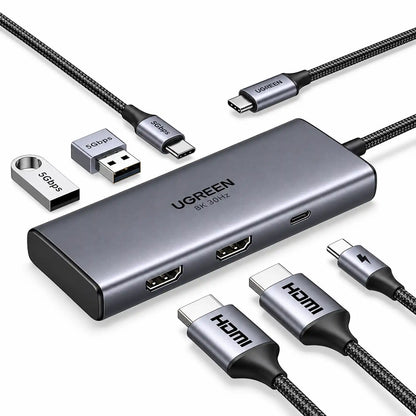 UGREEN CM498 Revodok 206 6-in-1 USB-C Hub Displayed with Dual HDMI Cables, Type-C Cables, and USB Flash Drives -tpstech.in