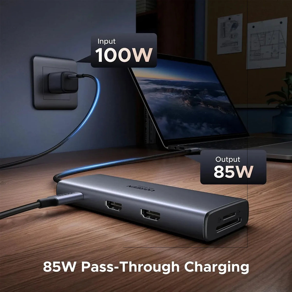 UGREEN CM498A USB-C Hub 100W PD Input and 85W Pass-Through Charging for Laptop -tpstech.in