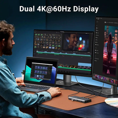 UGREEN CM639 15534 10-in-1 USB-C Hub Connected to Dual 4K 60Hz External Monitors for Video Editing -tpstech.in