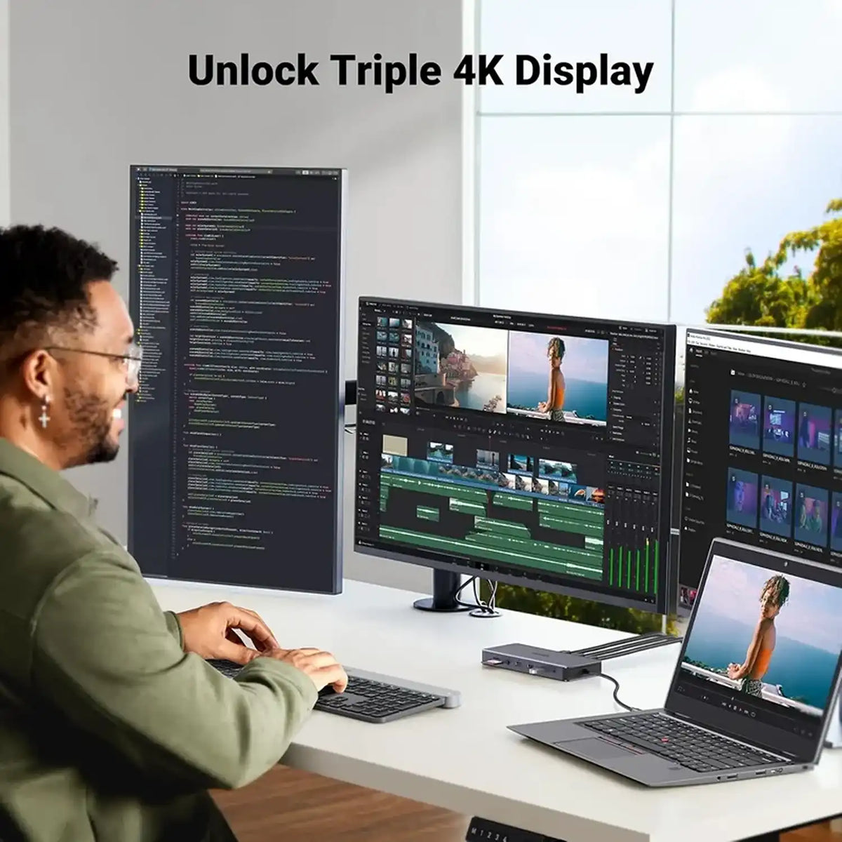 UGREEN CM681 15978 Revodok Pro 313 Docking Station Connected to Triple 4K Monitors at Workstation -tpstech.in