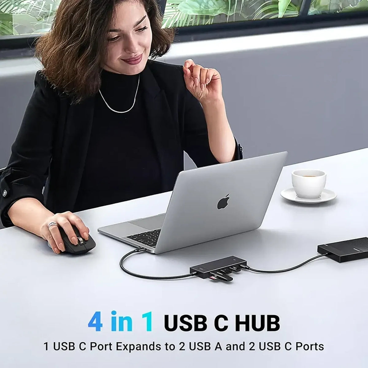 UGREEN CM806 35583 4-in-1 USB-C Hub 10Gbps for MacBook, iPad & PC Connected to Laptop on Office Desk tpstech.in