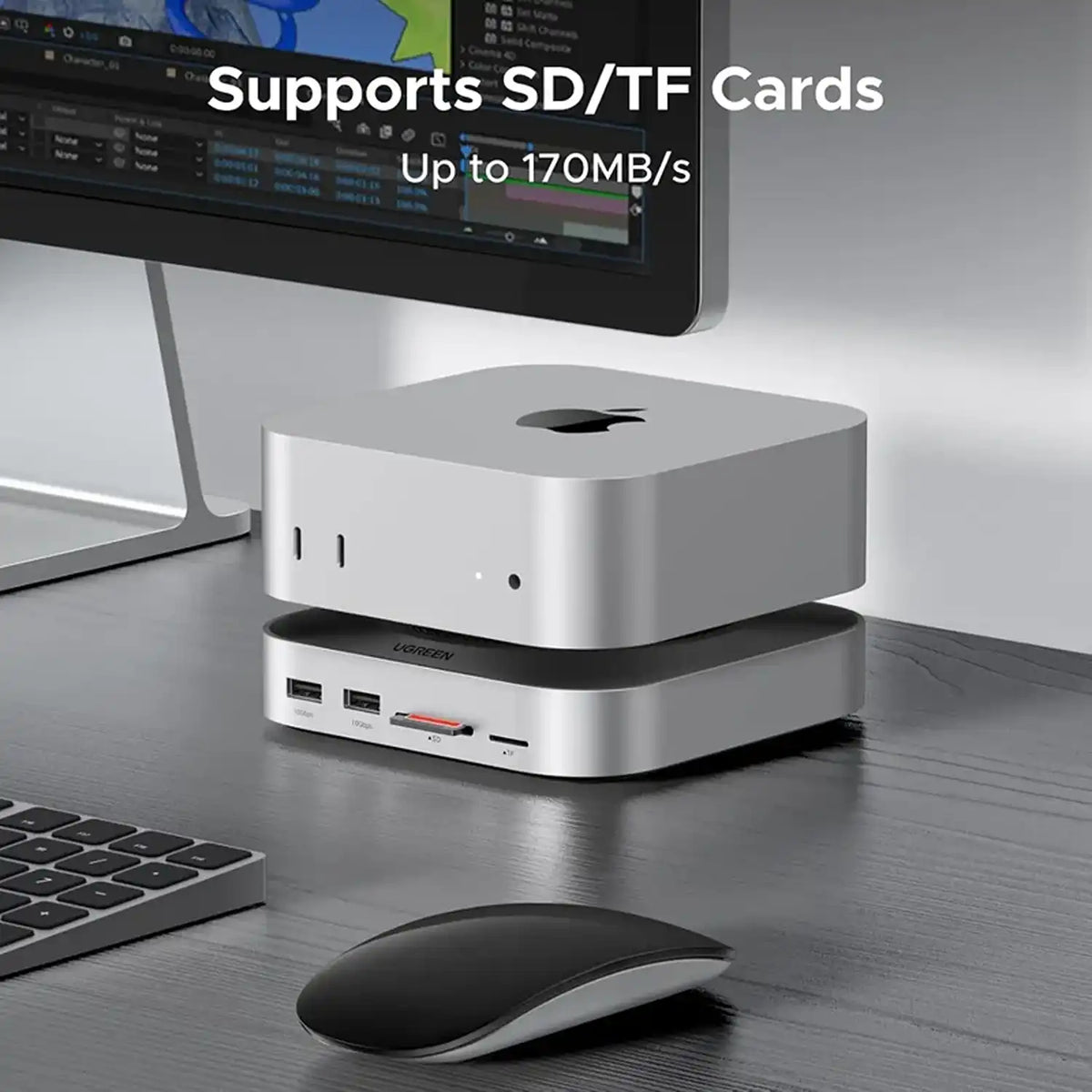 UGREEN CM841 65487 11-in-1 Mac mini M4 Dock with 170MBps Fast SD and TF Card Reader on Desk Setup -tpstech.in