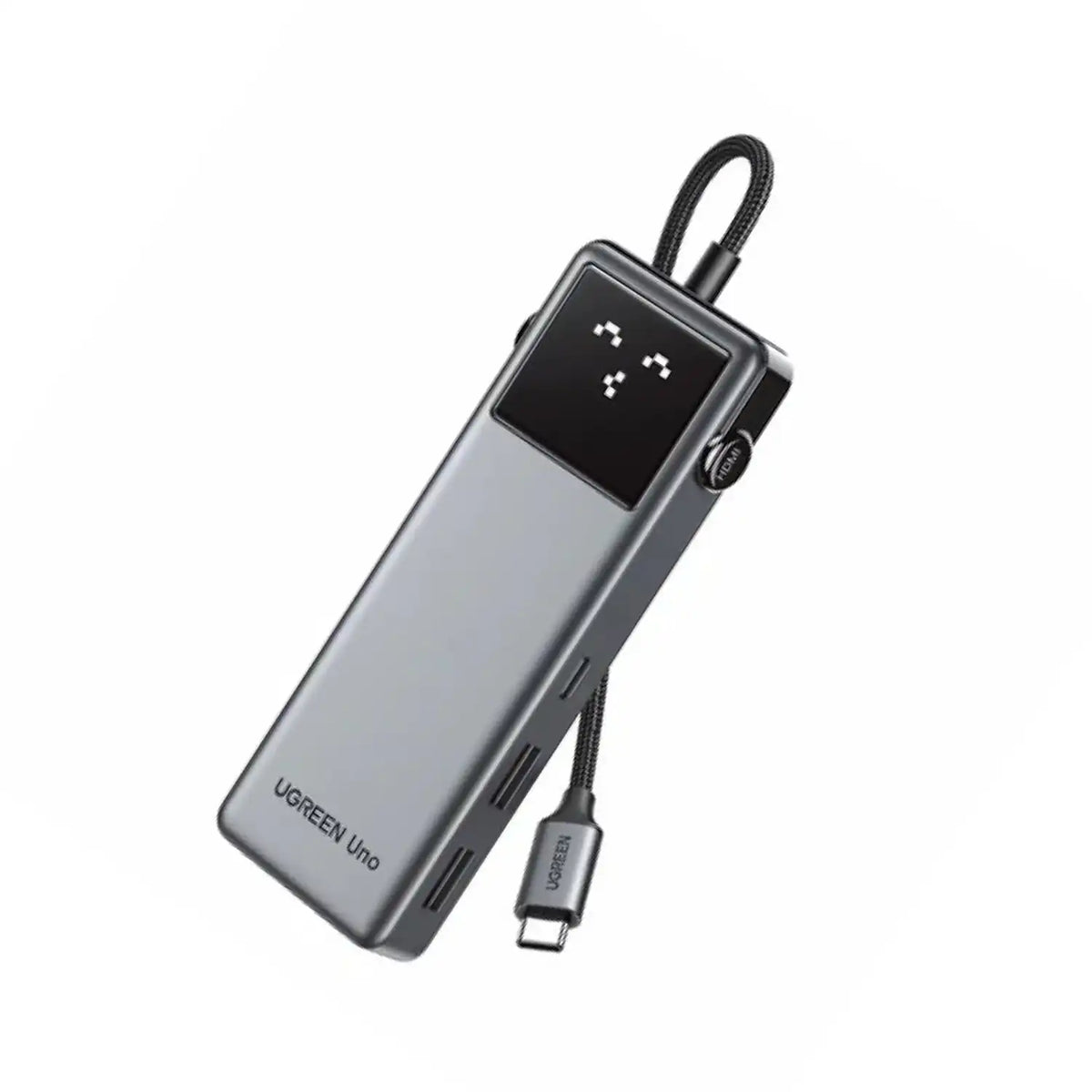 UGREEN CM889 75179 Uno 7-in-1 USB-C Hub Front Angle View with Pixel Screen on White Background -tpstech.in