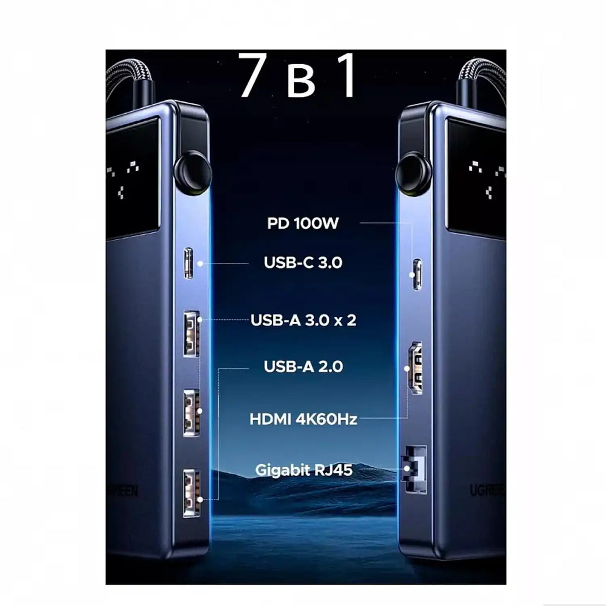 UGREEN CM889 75179 Uno 7-in-1 USB-C Hub 7-in-1 Port Layout and Connectivity Diagram -tpstech.in