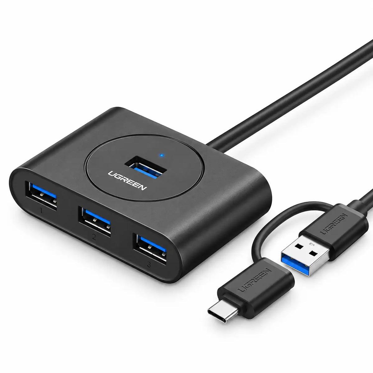 UGREEN CR113 40850 4-Port USB 3.0 Hub with USB-C and 5Gbps Transfer Showing 2-in-1 USB-A and USB-C Connector tpstech.in