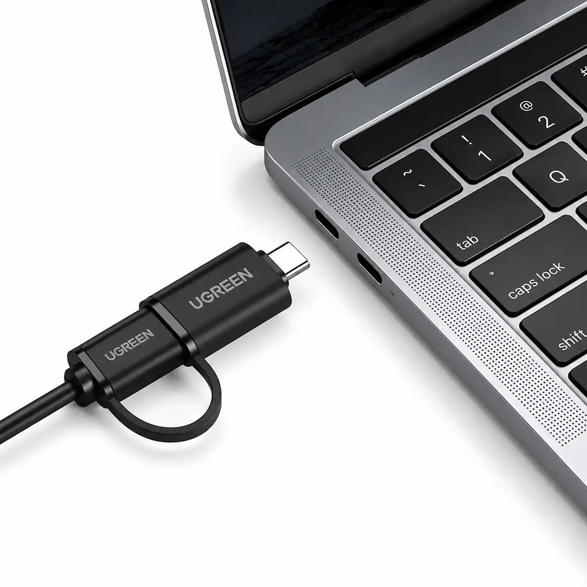 UGREEN CR113 40850 4-Port USB 3.0 Hub with USB-C and 5Gbps Transfer Tethered Type-C Adapter Connected to Laptop tpstech.in