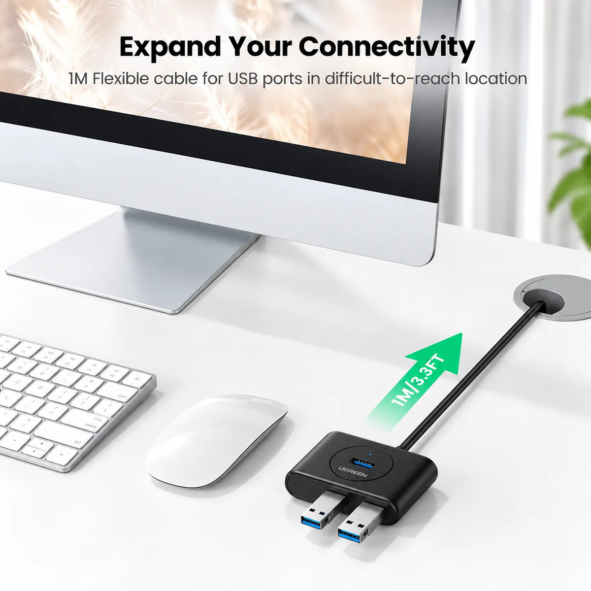 UGREEN CR113 USB 3.0 4-Port Hub with 1m Cable Black 1 Meter Long Reach Cable on Desktop Setup tpstech.in