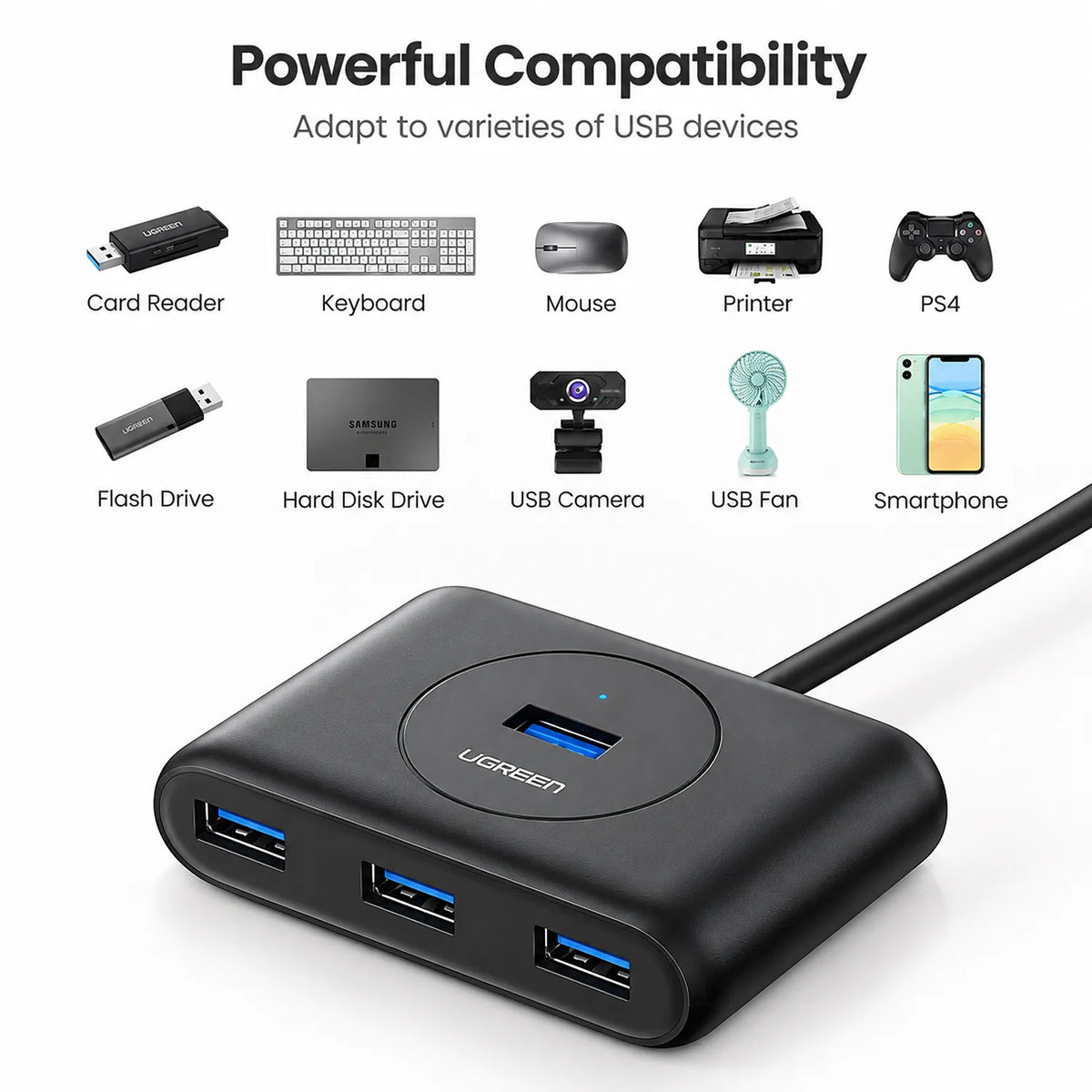 UGREEN CR113 USB 3.0 4-Port Hub with 1m Cable Black Compatibility with Flash Drives Keyboards and Mice tpstech.in