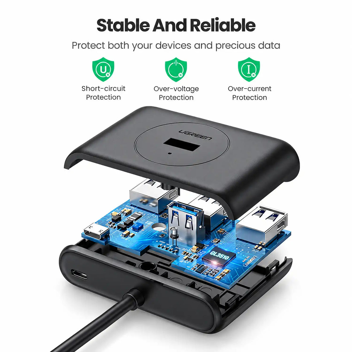 UGREEN CR113 USB 3.0 4-Port Hub with 1m Cable Black Exploded View of Internal GL3510 Chipset Protection tpstech.in