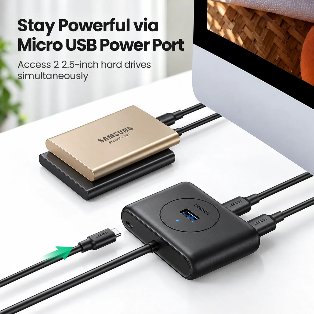 UGREEN CR113 USB 3.0 4-Port Hub with 1m Cable Black Micro USB Power Port for External Hard Drives tpstech.in