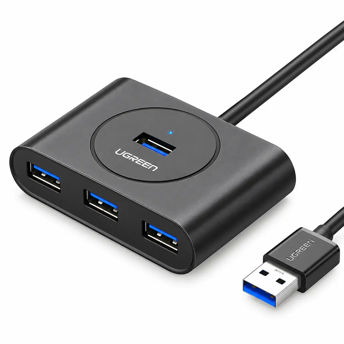UGREEN CR113 USB 3.0 4-Port Hub with 1m Cable Black Top Angle View of 4 USB Ports and Connector tpstech.in
