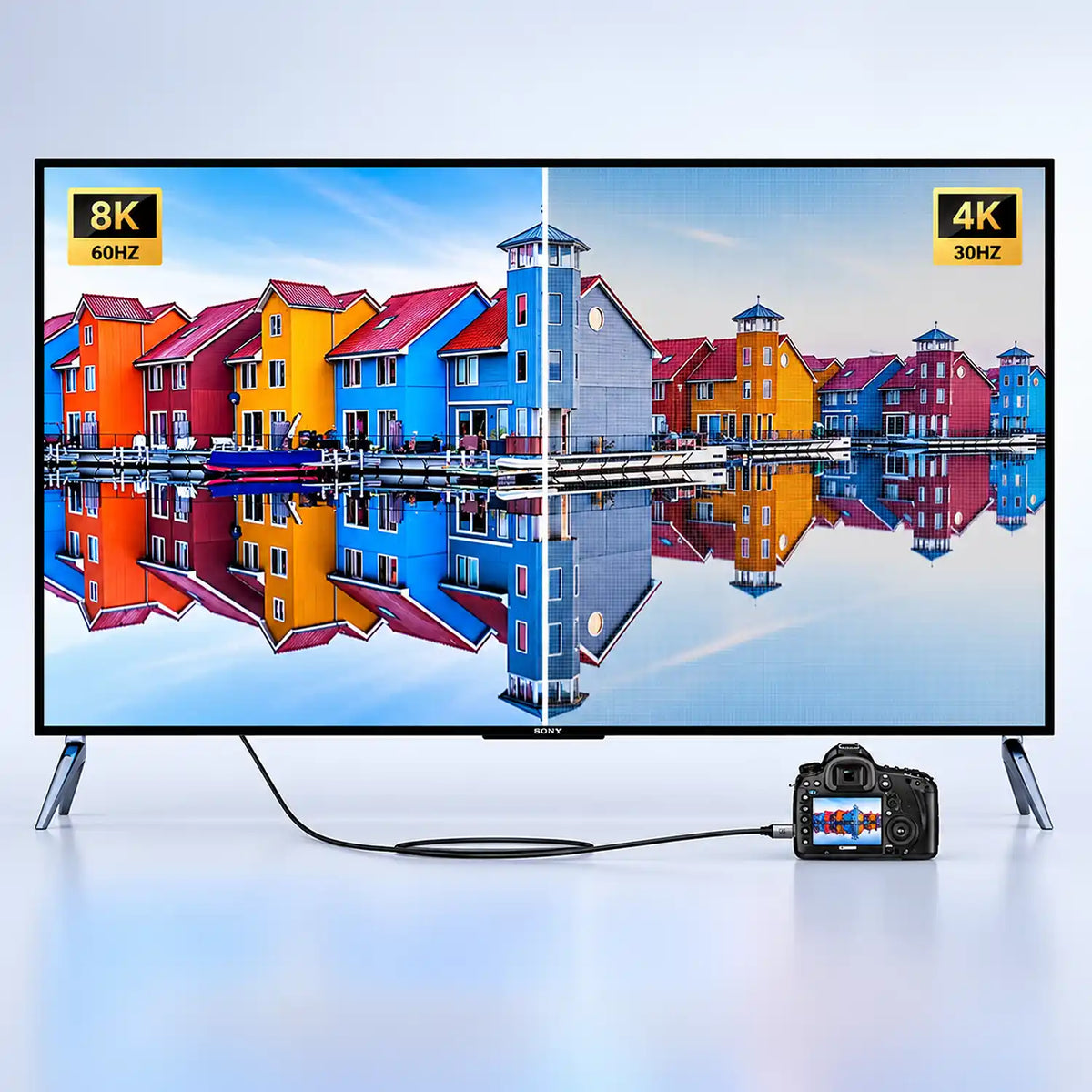 DSLR Camera Connected to TV Displaying 8K 60Hz and 4K 30Hz Clarity via UGREEN HD163 Mini HDMI to HDMI 8K Cable 2m -tpstech.in