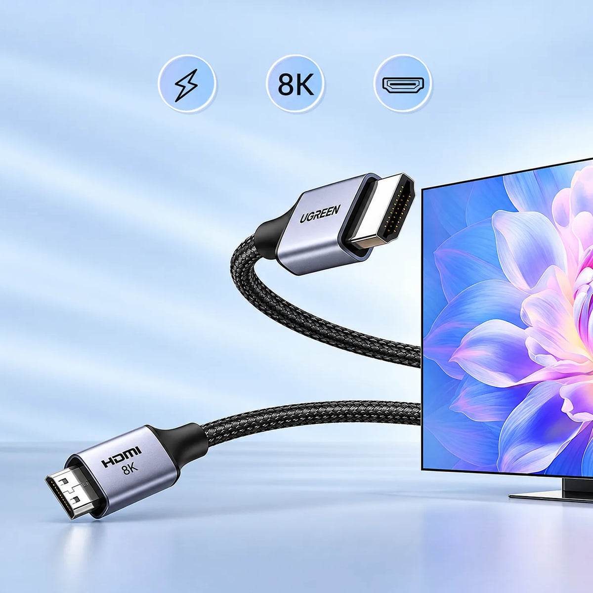 High-Speed 8K Video Transmission to Smart TV Display Using UGREEN HD163 Mini HDMI to HDMI Braided Cable -tpstech.in