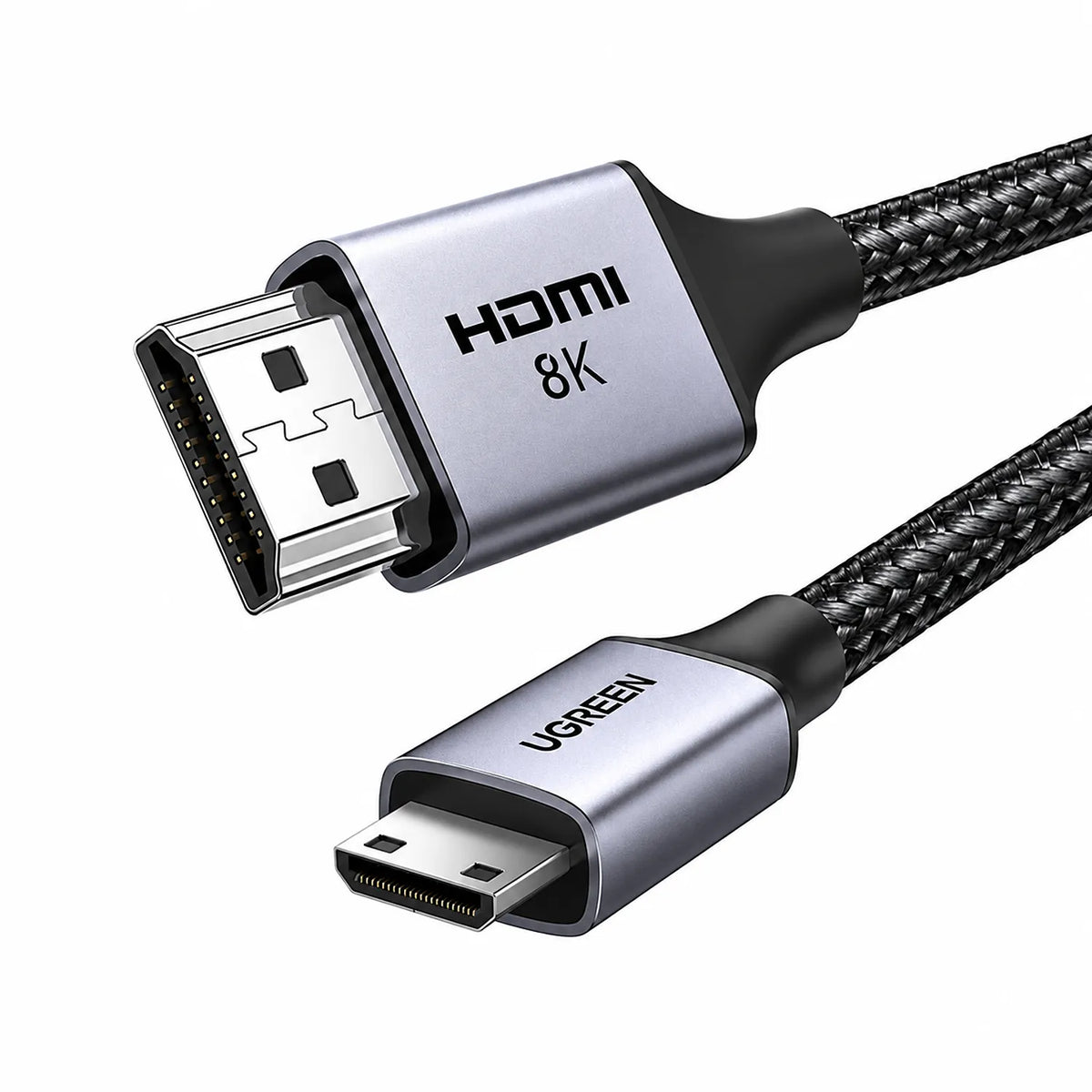 Close-Up View of Standard HDMI and Mini HDMI Male Connectors on UGREEN HD163 8K Cable with Braided Wire -tpstech.in