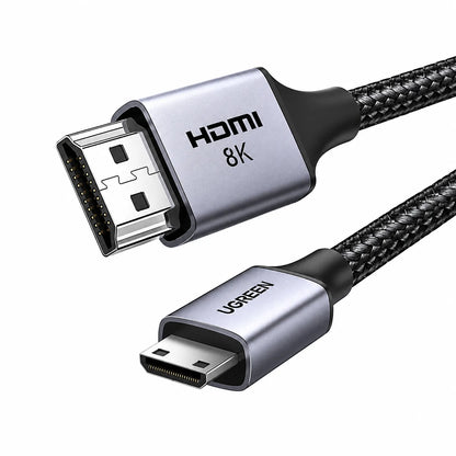 Close-Up View of Standard HDMI and Mini HDMI Male Connectors on UGREEN HD163 8K Cable with Braided Wire -tpstech.in