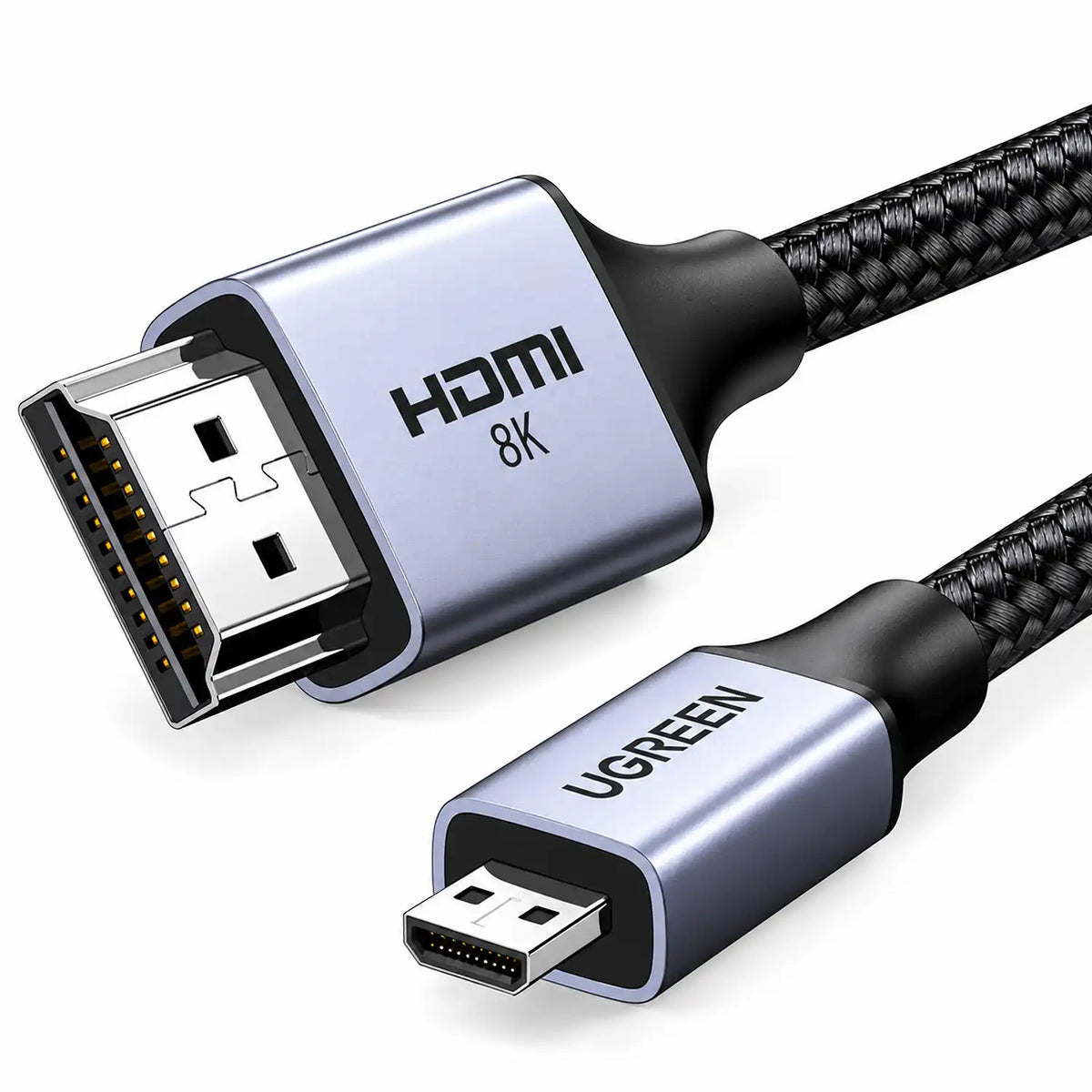 Close-Up View of Micro HDMI and Standard HDMI Male Connectors with Braided Jacket on UGREEN HD164 Cable -tpstech.in