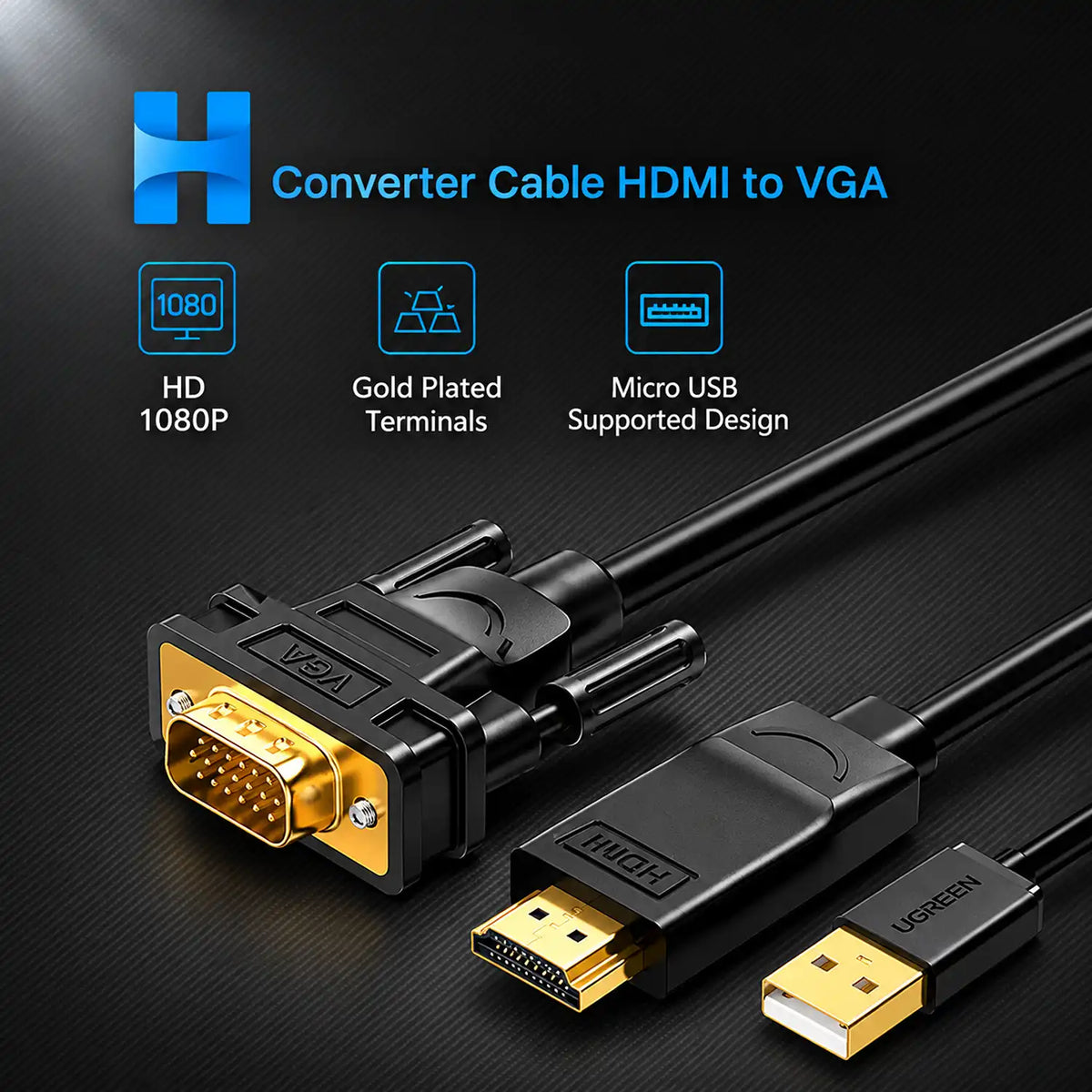 UGREEN MM101 30449 HDMI to VGA Cable 1.5m 1080p Converter Features Gold Plated Terminals and USB Power tpstech.in