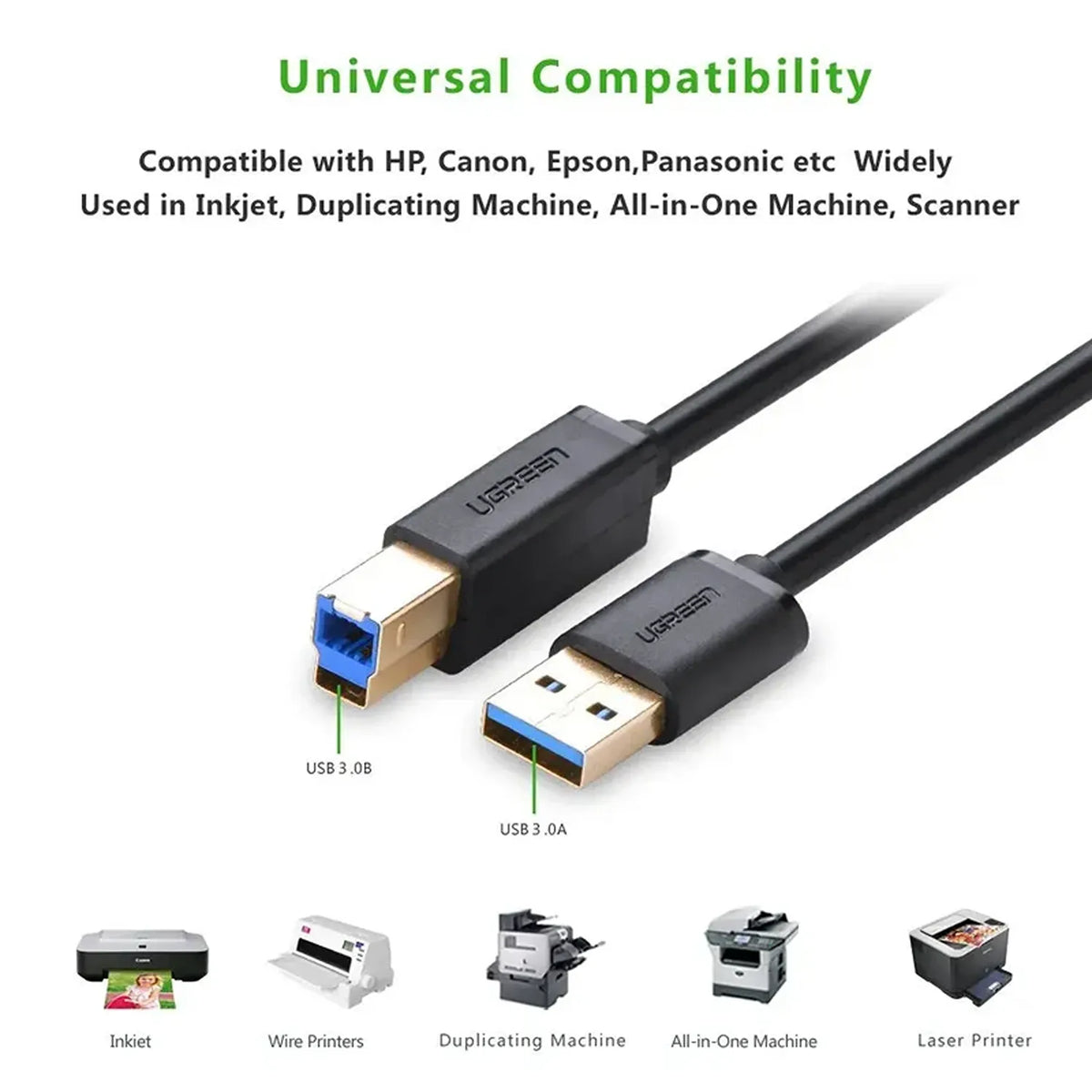 UGREEN US210 10372 USB 3.0 A to B Cable Universal Compatibility with Printers and Scanners -tpstech.in