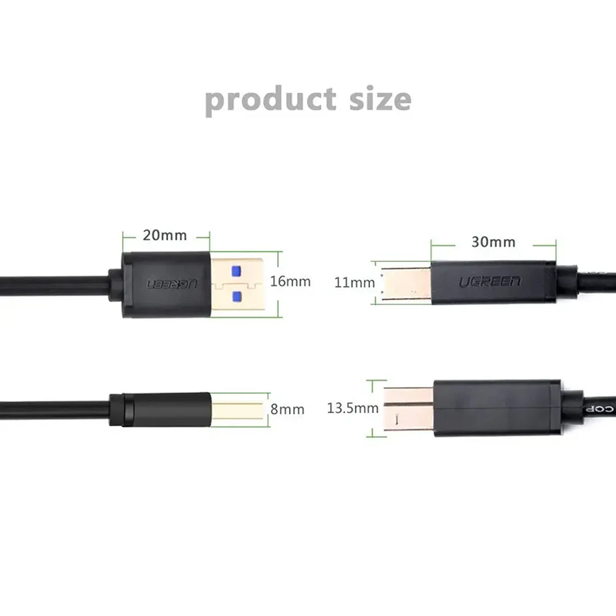 UGREEN US210 10372 USB 3.0 A to B Printer Cable Connector Size and Dimensions -tpstech.in