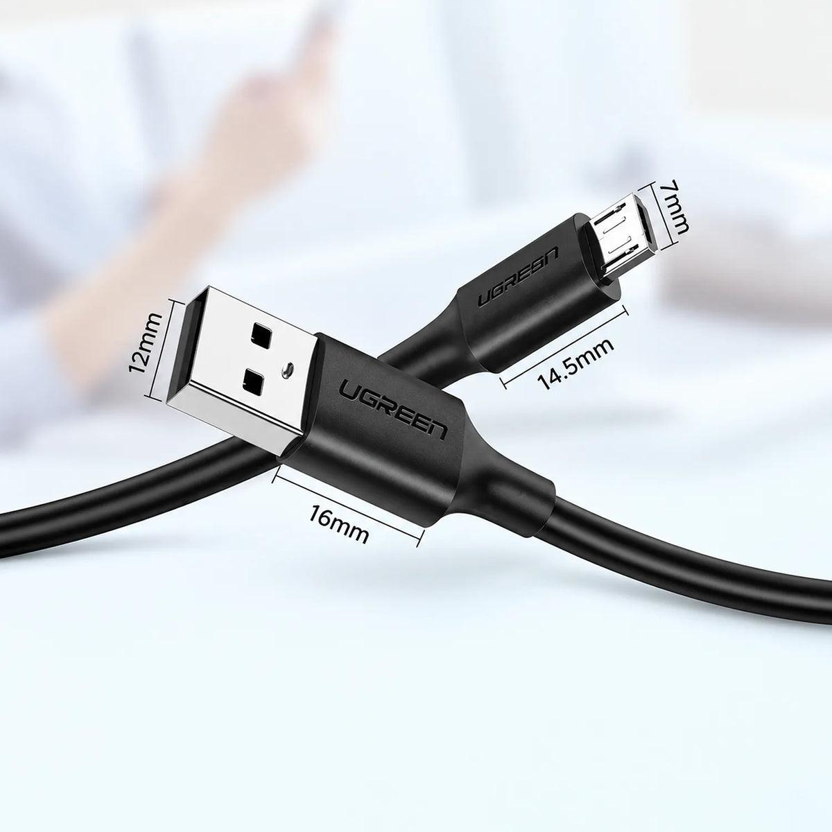 UGREEN US289 Micro USB to USB-A Cable Black Compact Connector Shell Dimensions Diagram tpstech.in