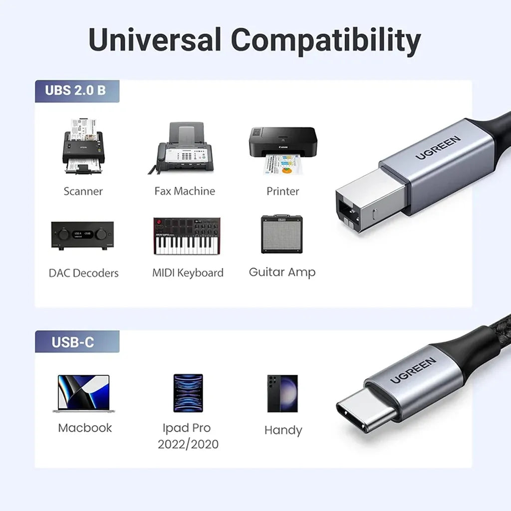UGREEN US370 USB-C to USB-B 2.0 Printer Cable universal compatibility for printers scanners and audio gear -tpstech.in