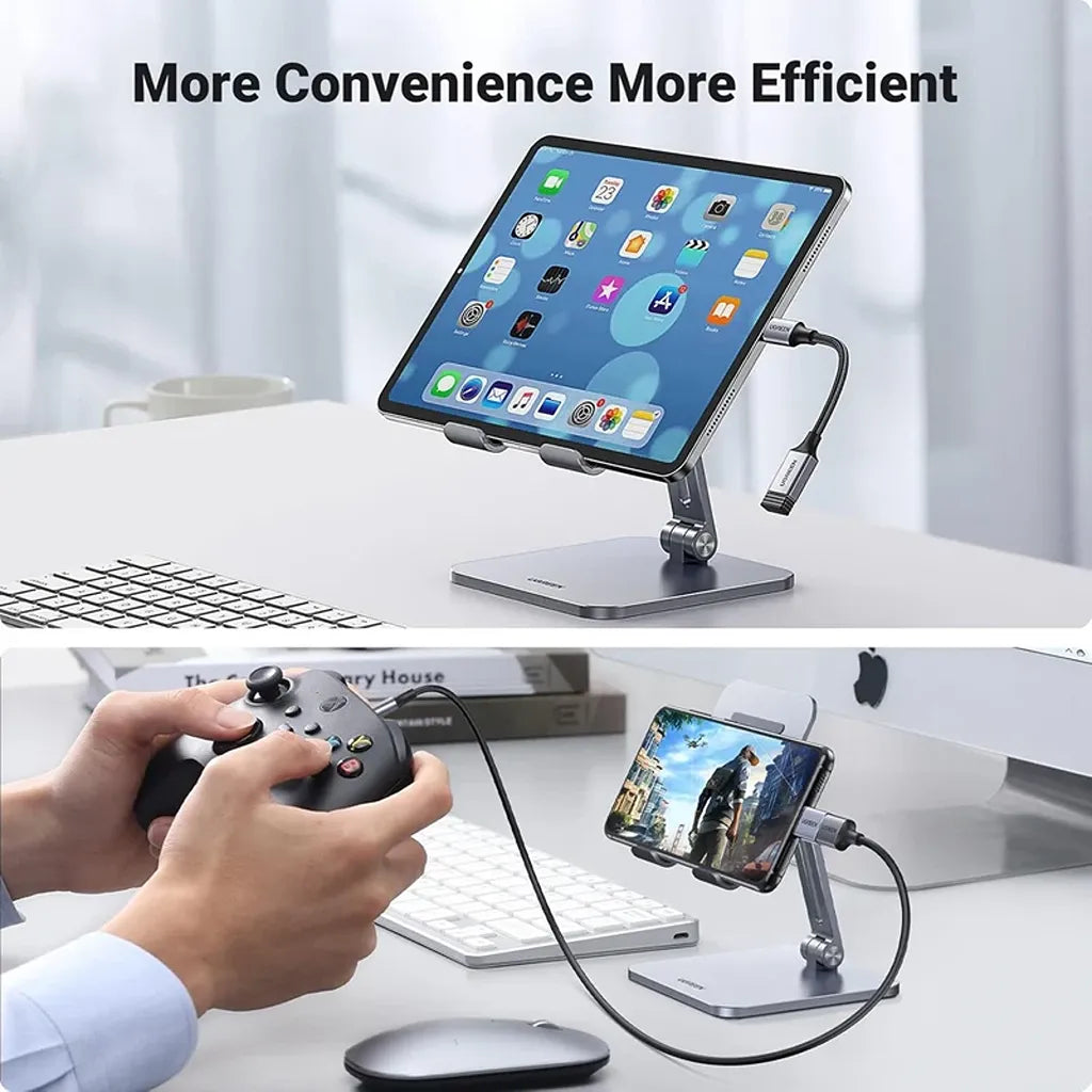 UGREEN US378 USB-C to USB-A 3.2 OTG Adapter used with tablet stand and gaming controller setup -tpstech.in