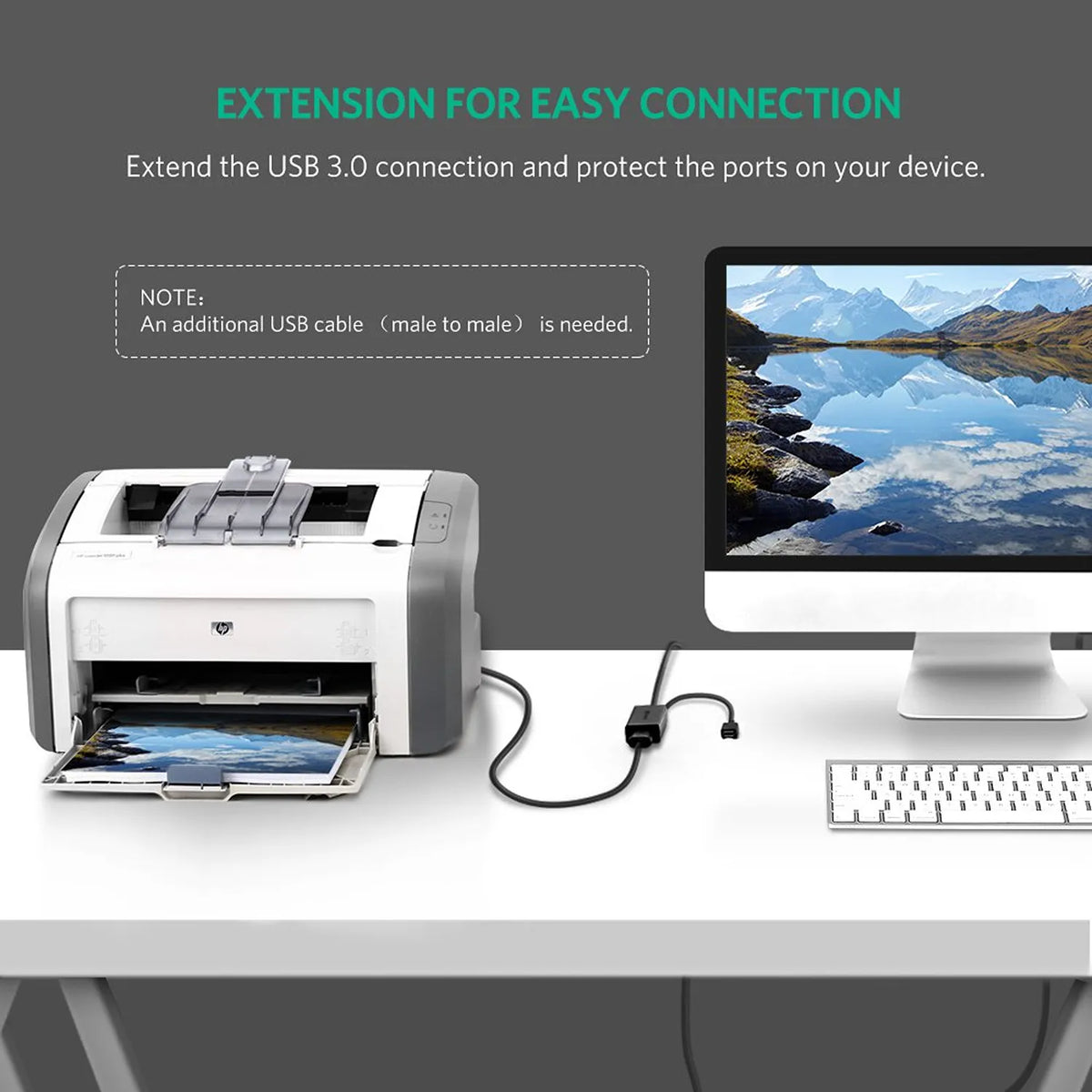 UGREEN USB 3.0 Active Extension Cable Connected to Desktop Computer and Printer -tpstech.in