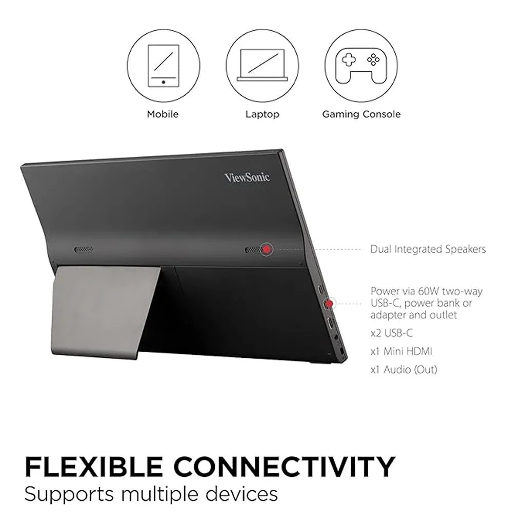 Rear view of ViewSonic VA1655-3 15.6-inch FHD Portable USB-C Monitor highlighting dual USB-C ports, Mini HDMI, audio output, integrated speakers, and foldable stand.