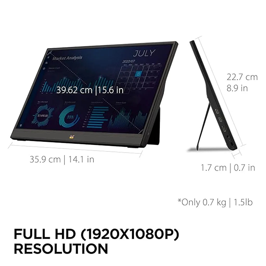 ViewSonic VA1655-3 15.6-inch FHD Portable USB-C Monitor with foldable stand showing display dimensions, slim profile, and lightweight portable design.