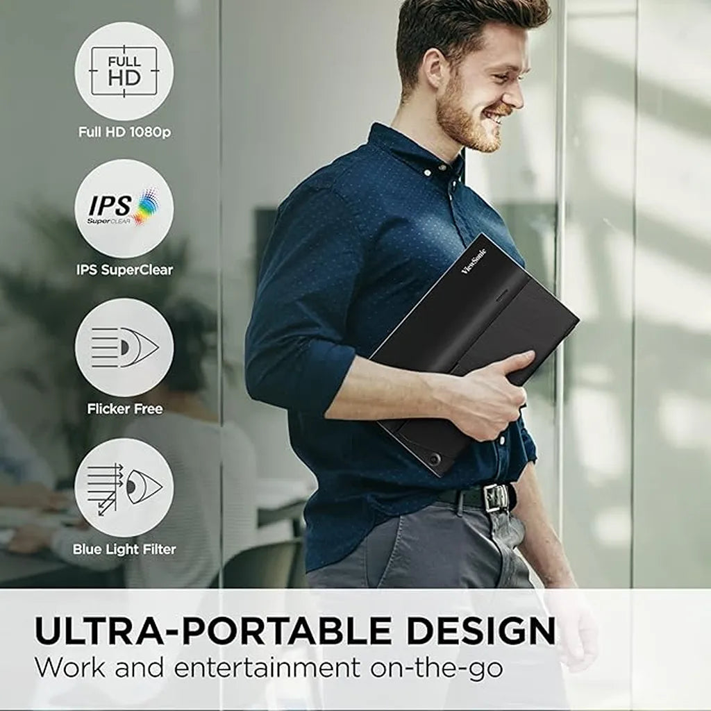 Person carrying the ViewSonic VA1655-3 15.6-inch FHD Portable USB-C Monitor showcasing its lightweight design, IPS display, Flicker-Free technology, and Blue Light Filter.